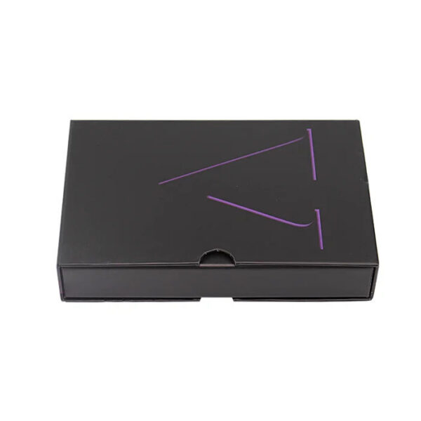 Matte Black Drawer Rigid Box with Purple Logo Thumb Notch Matte Black Drawer Rigid Box with Purple Logo Thumb Notch