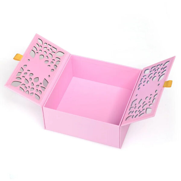 Pink Double Door Rigid Gift Box with Laser-Cut Leaf Lids