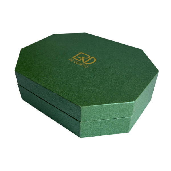 Boîte à parfum rigide octogonale verte avec insert en mousse EVA sur mesure